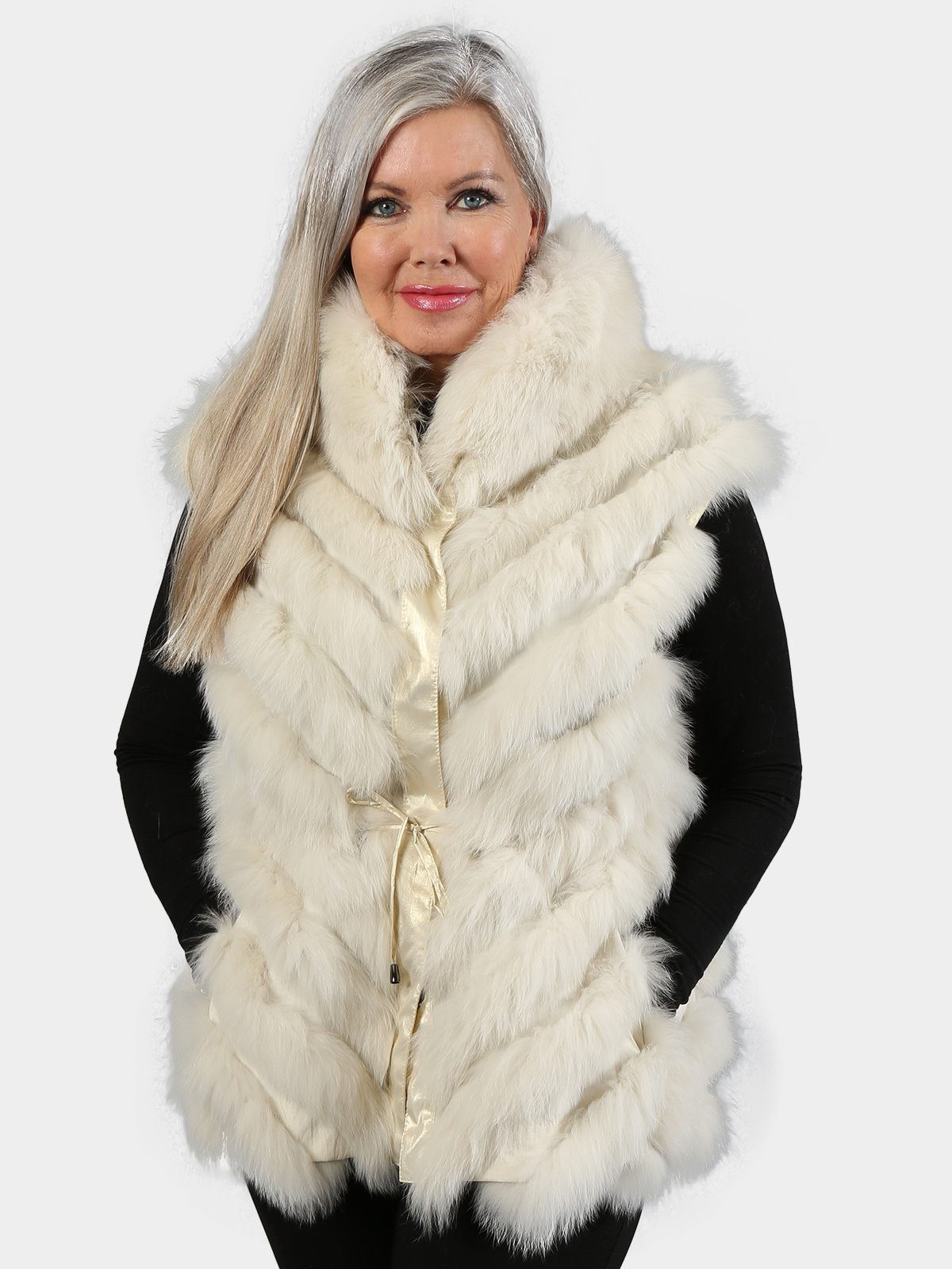 Woman's Shadow Fox Fur Vest Reversing to Champagne Metallic Fabric