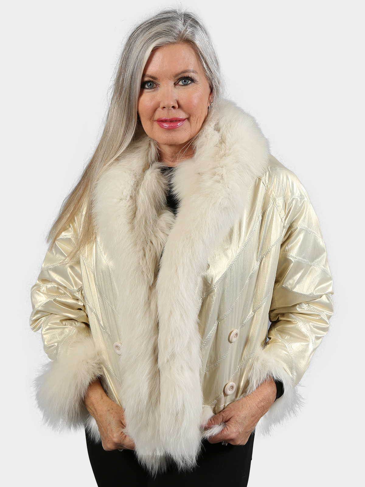 Women's Double Breasted Shadow Fox Fur Bomber Reversing to Champagne Metallic Fabric