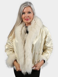 Women's Double Breasted Shadow Fox Fur Bomber Reversing to Champagne Metallic Fabric