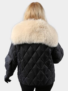 Woman's Black Quilted Goose Down Jacket with Fox Collar and Tuxedo Front