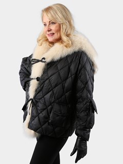 Woman's Black Quilted Goose Down Jacket with Fox Collar and Tuxedo Front