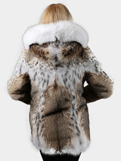 Woman's Hooded Natural Cat Lynx Fur Jacket with Fox Trim