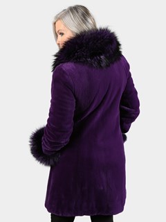 Woman's Purple Dyed Sheared Mink Fur Stroller with Fox Collar and Cuffs