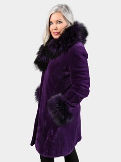 Woman's Purple Dyed Sheared Mink Fur Stroller with Fox Collar and Cuffs