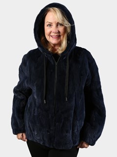 Woman's Blue Sculptured Sheared Mink Fur Parka