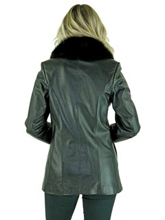 Woman's Petite Black Leather Jacket with Removable Fox Collar 