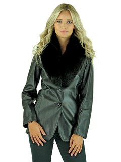 Woman's Petite Black Leather Jacket with Removable Fox Collar 