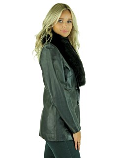 Woman's Petite Black Leather Jacket with Removable Fox Collar 