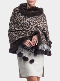 Woman's Brown Animal Print/Houndstooth Double Face Cashmere Wrap