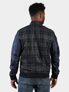 Men's Navy Plaid Leather and Nylon Jacket