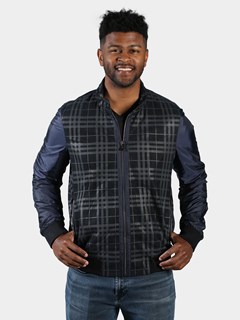 Men's Navy Plaid Leather and Nylon Jacket