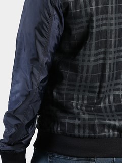 Men's Navy Plaid Leather and Nylon Jacket