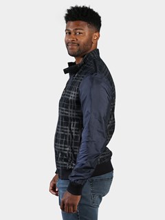 Men's Navy Plaid Leather and Nylon Jacket