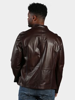 Man's Rum Leather Jacket Reversible to Navy Rain Fabric