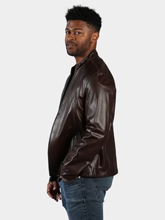 Man's Rum Leather Jacket Reversible to Navy Rain Fabric