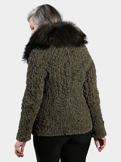 Woman's Shitake Bubble Stretch Leather Jacket with Detachable Fox Collar