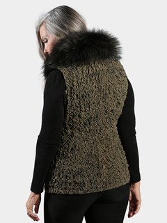 Woman's Shitake Bubble Stretch Leather Vest with Black Fox Collar