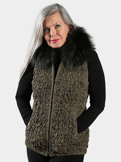 Woman's Shitake Bubble Stretch Leather Vest with Black Fox Collar