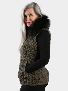 Woman's Shitake Bubble Stretch Leather Vest with Black Fox Collar