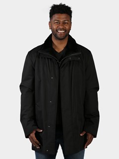 Man's Black Fabric 3/4 Coat with Shearling Liner