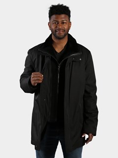 Man's Black Fabric 3/4 Coat with Shearling Liner