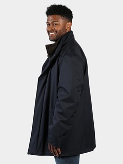 Man's Navy Fabric 3/4 Coat with Brown Shearling Liner