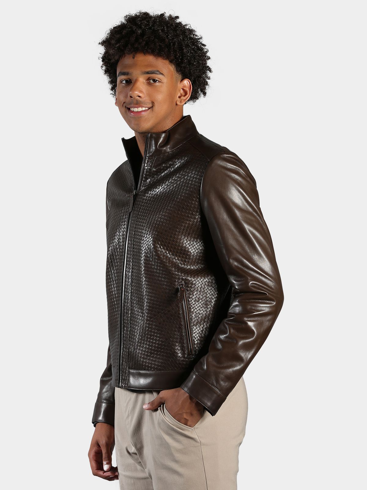 Man's Khaki Woven Leather Jacket