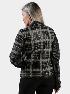 Woman's Black & Cream Plaid Woven Leather Jacket