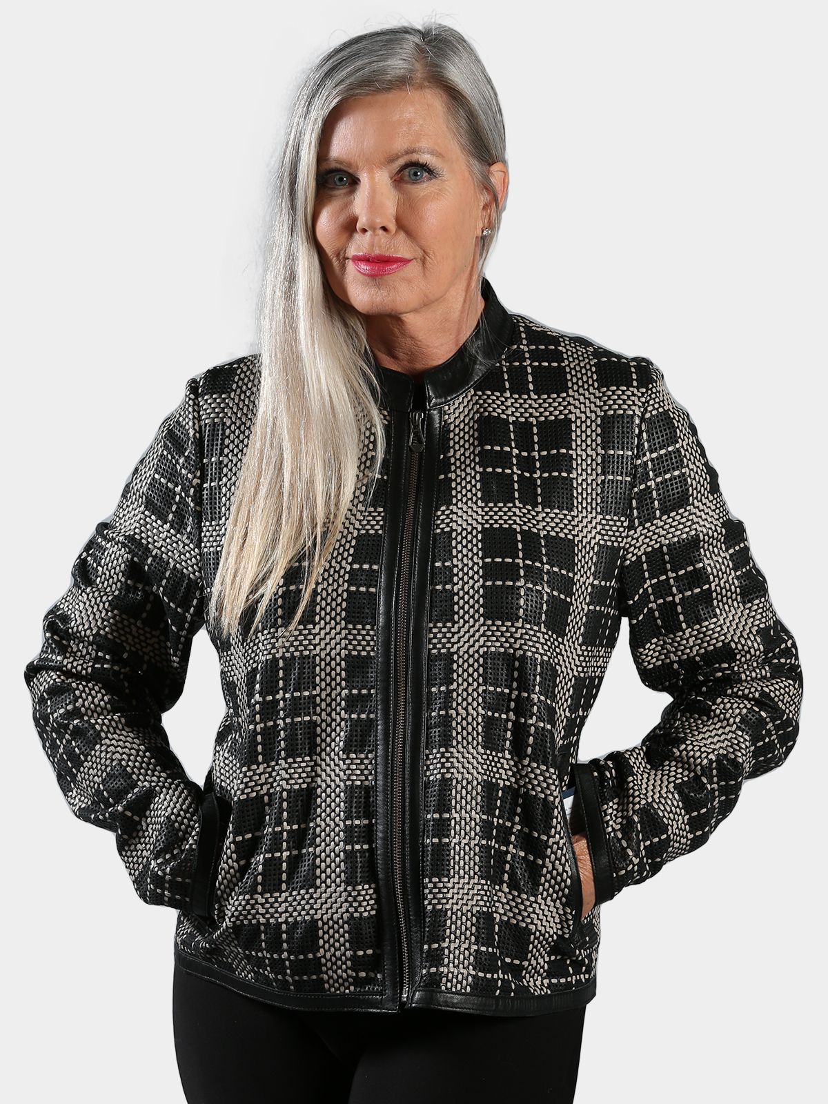 Woman's Black & Cream Plaid Woven Leather Jacket