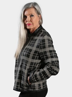 Woman's Black & Cream Plaid Woven Leather Jacket