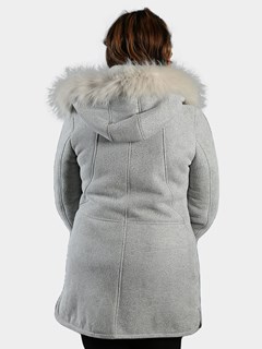 Woman's White Swan Shearling Jacket with Fox Fur Trimmed Detachable Hood