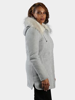 Woman's White Swan Shearling Jacket with Fox Fur Trimmed Detachable Hood