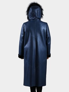 Woman's Parlament Blue Hooded Shearling Leather Coat with Dyed to Match Silver Fox Trim