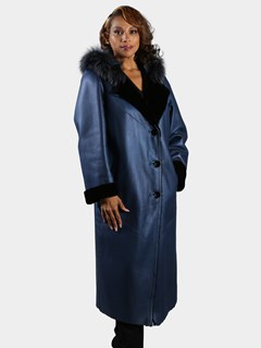 Woman's Parlament Blue Hooded Shearling Leather Coat with Dyed to Match Silver Fox Trim