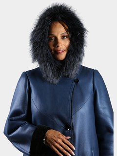 Woman's Parlament Blue Hooded Shearling Leather Coat with Dyed to Match Silver Fox Trim