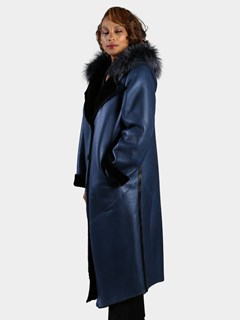 Woman's Parlament Blue Hooded Shearling Leather Coat with Dyed to Match Silver Fox Trim