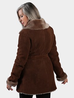 Woman's Sepia Belted Shearling Leather Jacket