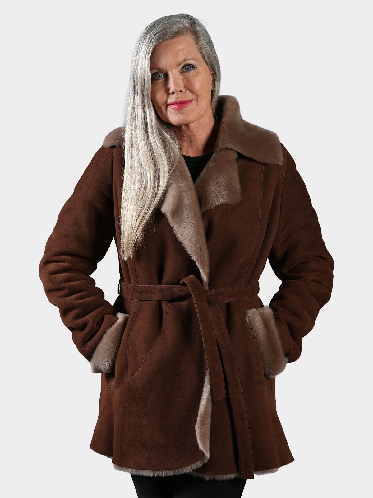 Woman's Sepia Belted Shearling Leather Jacket