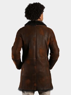 Man's Antique Aztec Shearling 3/4 Leather Coat