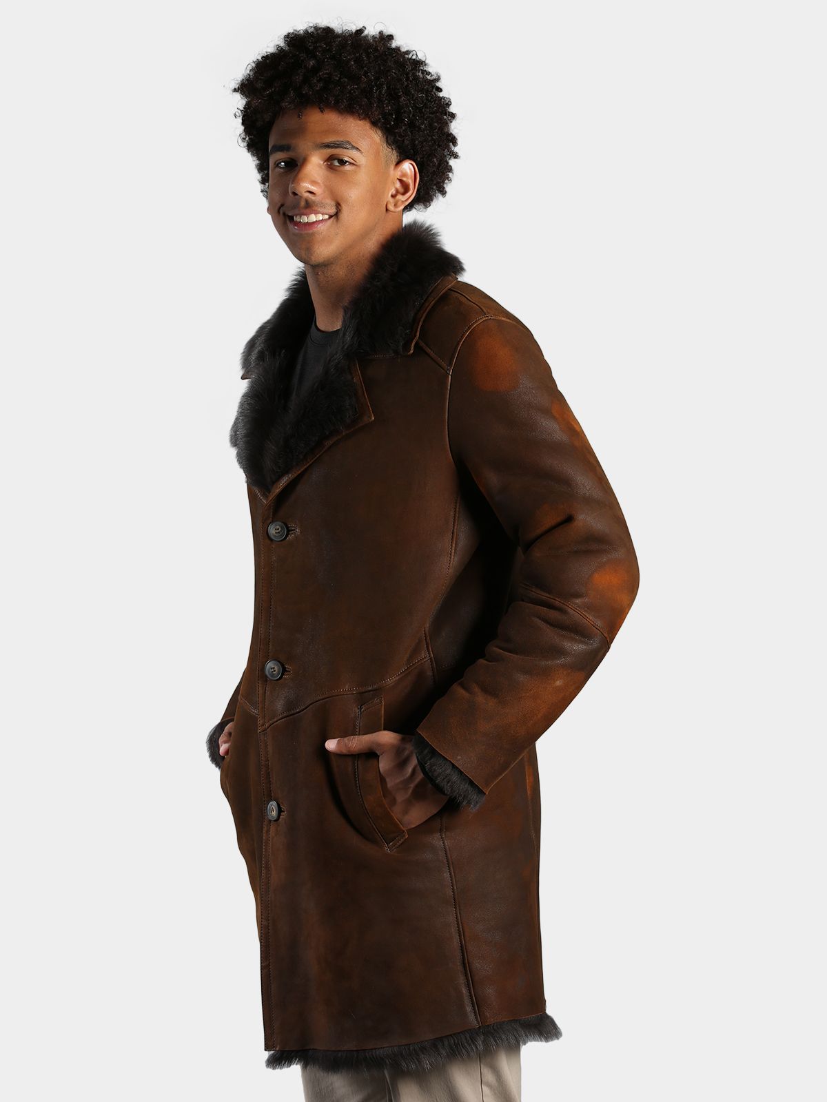 Man's Antique Aztec Shearling 3/4 Leather Coat