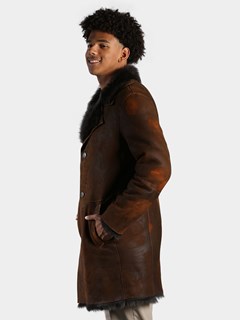 Man's Antique Aztec Shearling 3/4 Leather Coat