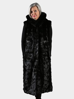 Woman's Black Full Length Sectioned Mink Fur Vest