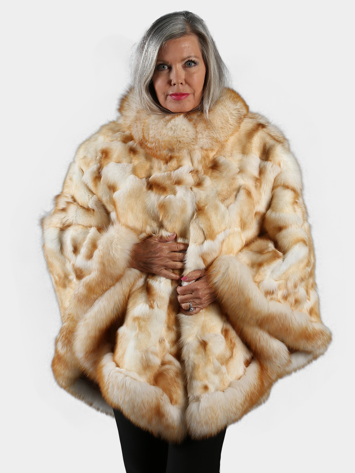 Woman's Natural Crystal Sectioned  Fox Fur Poncho