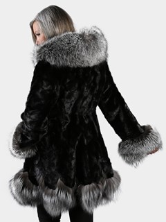 Woman's Black Section Mink Fur Stroller with Silver Fox Trim