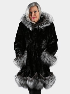 Woman's Black Section Mink Fur Stroller with Silver Fox Trim