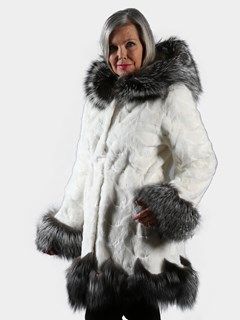 Woman's White Section Mink Fur Stroller with Silver Fox Trim