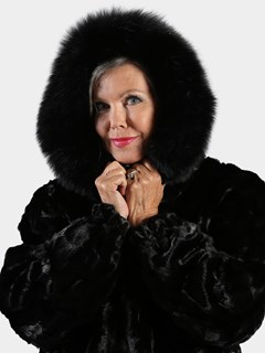 Woman's Black Section Mink Fur Jacket with Detachable Fur Hood
