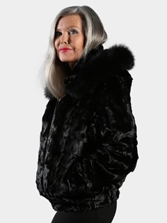 Woman's Black Section Mink Fur Jacket with Detachable Fur Hood