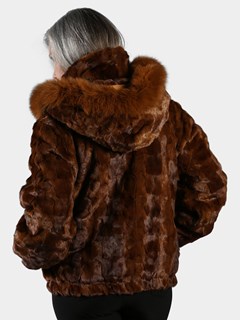 Woman's Whiskey Section Mink Fur Jacket with Detachable Fur Hood