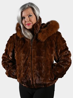 Woman's Whiskey Section Mink Fur Jacket with Detachable Fur Hood